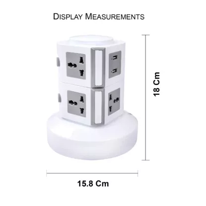 Vertical tower power strip with dimensions 15.8 cm base and 18 cm height