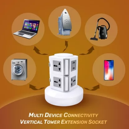 Universal tower extension socket powering laptop, iron, vacuum cleaner, mobile, and washing machine