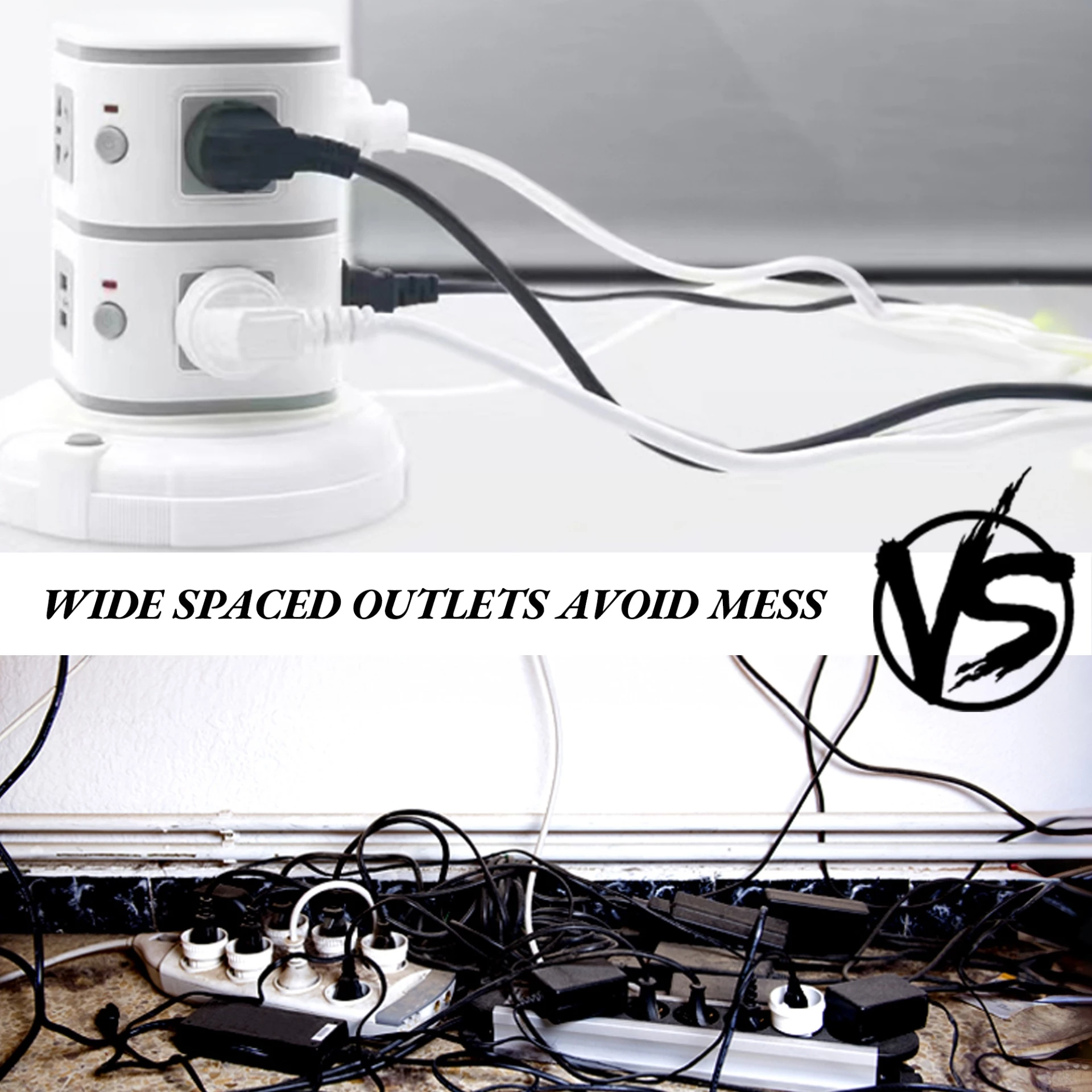 Tidy desk with tower socket vs messy wires with traditional extension boards