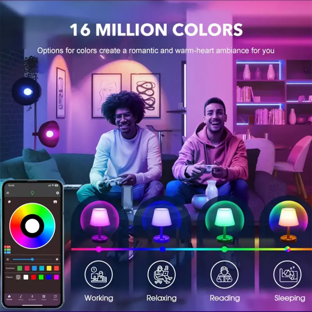 Two men gaming in a colorful room lit with smart RGB bulbs, showing app control and lighting modes for working, relaxing, reading, sleeping