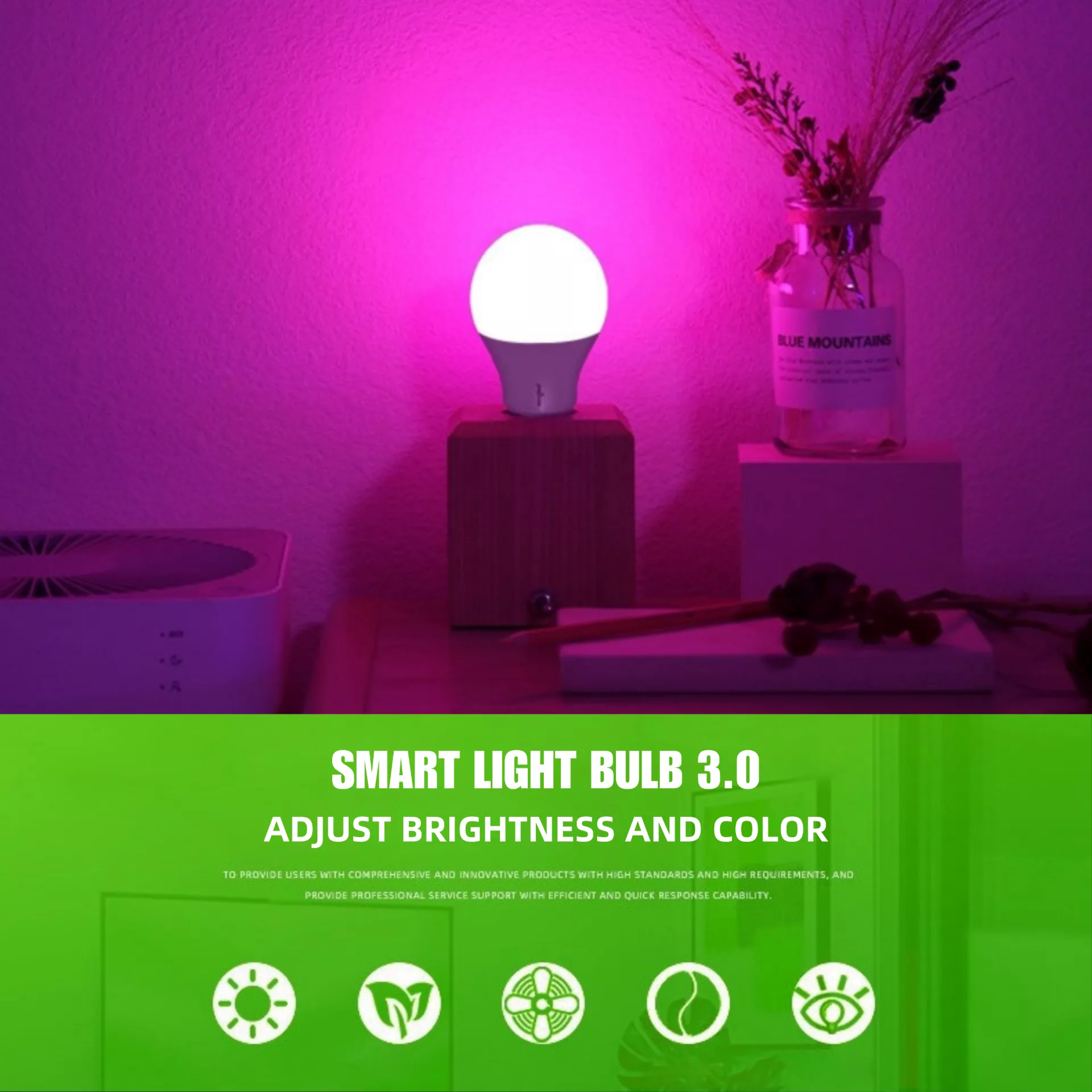 Smart LED bulb glowing pink on a wooden cube stand beside decorative vase in a bedroom