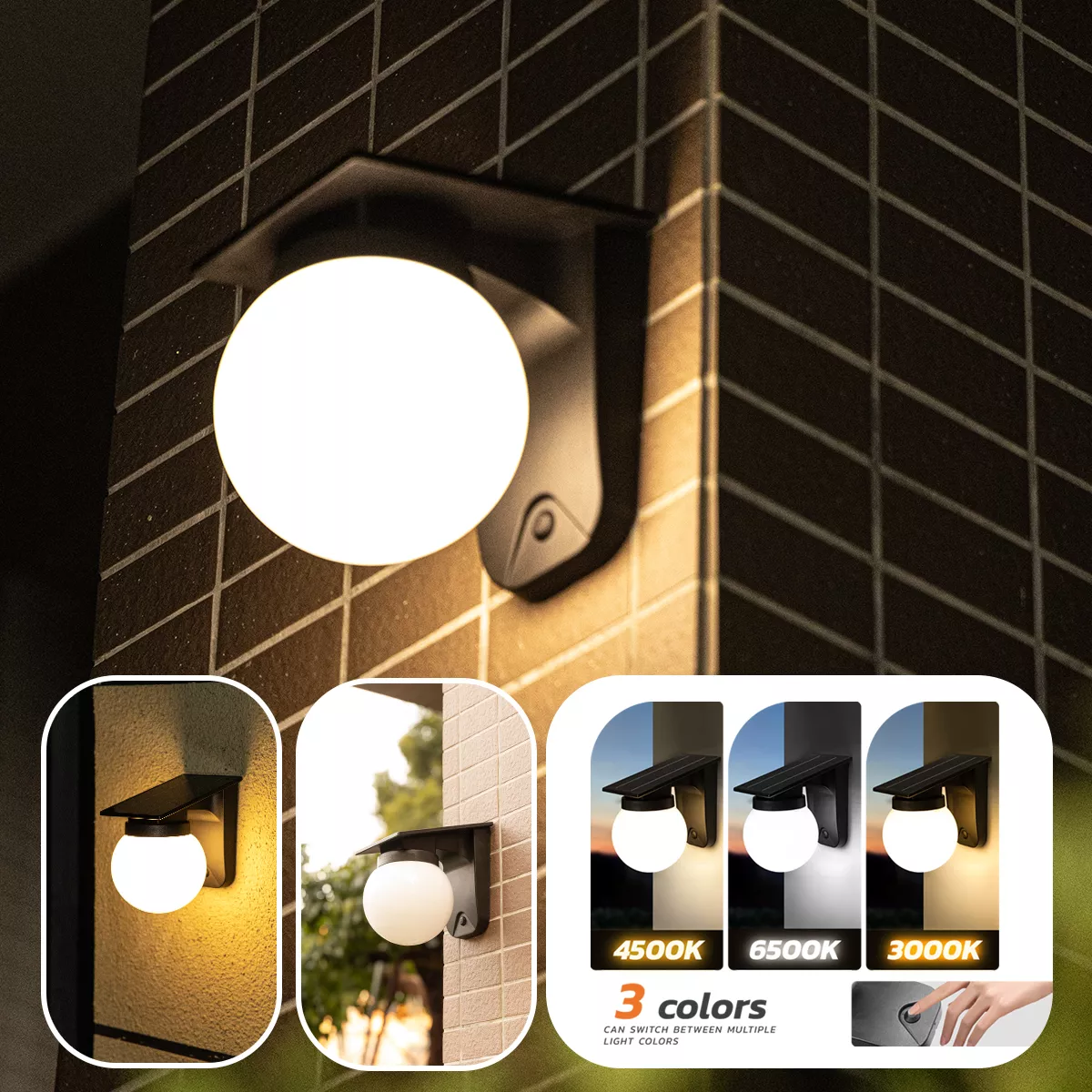 Wall-mounted solar LED light glowing at night with a warm white tone.