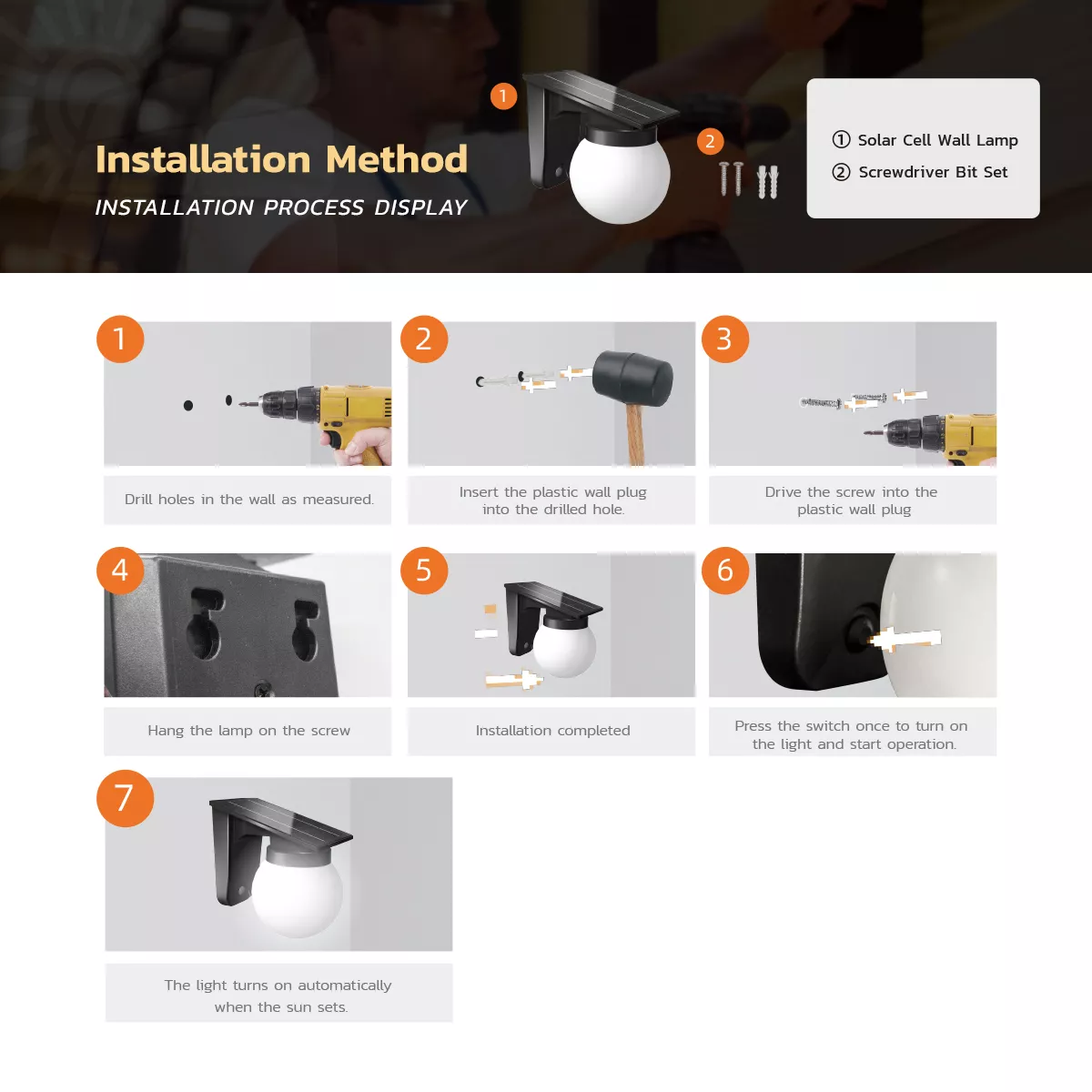Installation guide showing wall mounting process for solar wall light.