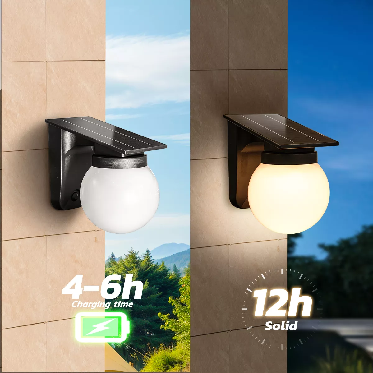 Solar light showing day charging and night illumination – 12-hour runtime.
