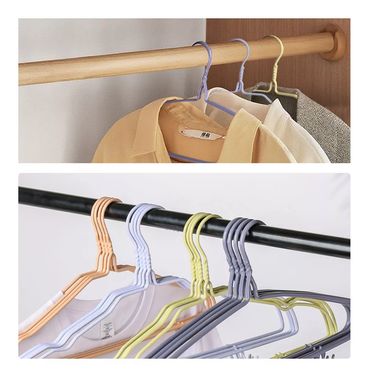 Close-up of lavender steel wire hanger coated in rubber for added grip and garment protection.