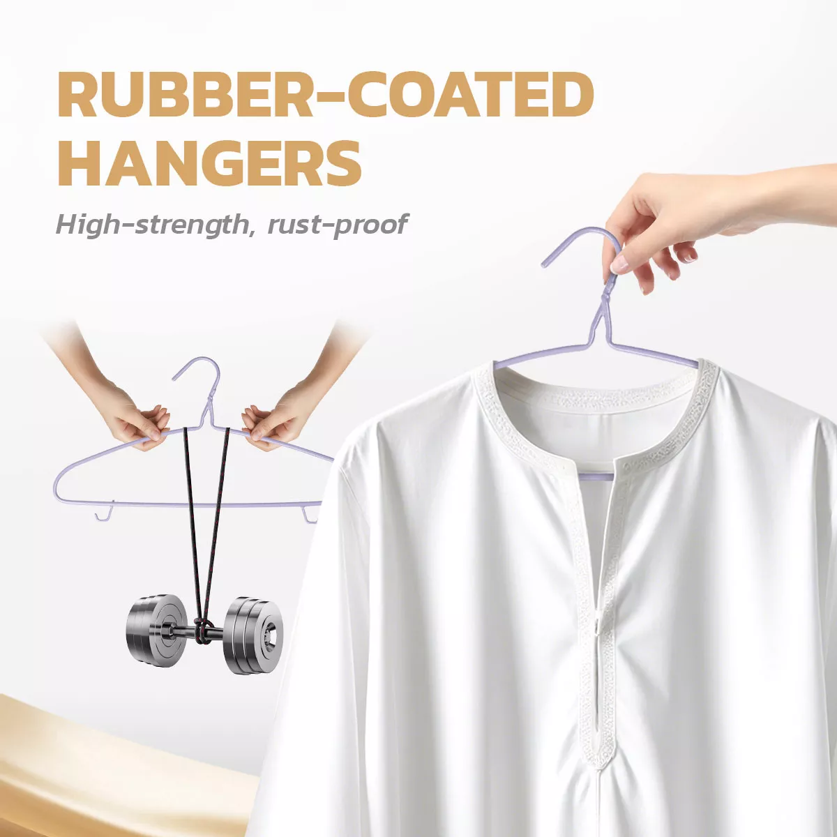 Rubber-coated hanger lifting heavy weights and holding a white garment – rust-proof and high strength.