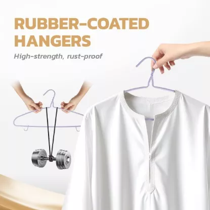Rubber-coated hanger lifting heavy weights and holding a white garment – rust-proof and high strength.