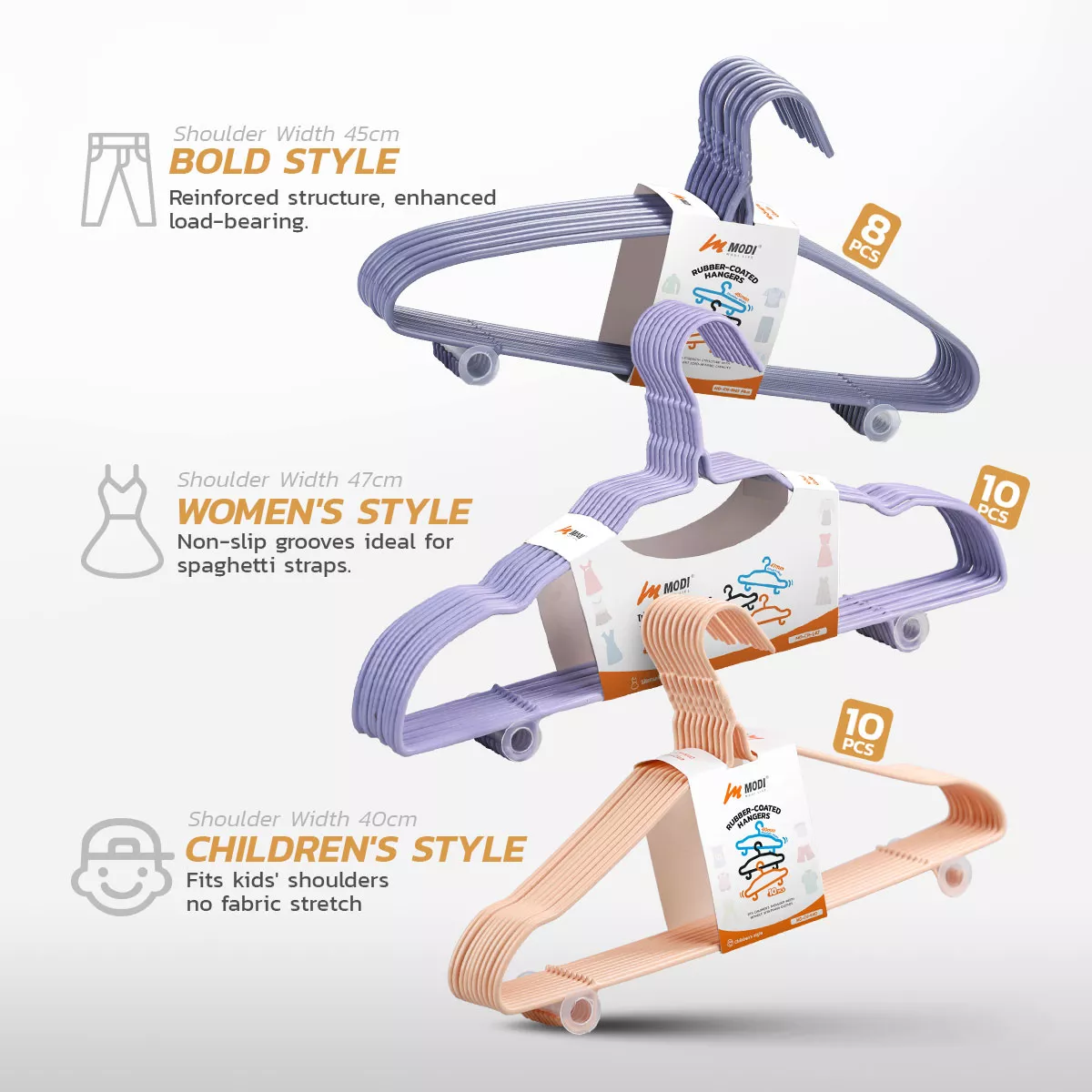 MODI 10-pack women’s hangers with non-slip grooves, ideal for dresses and delicate straps.