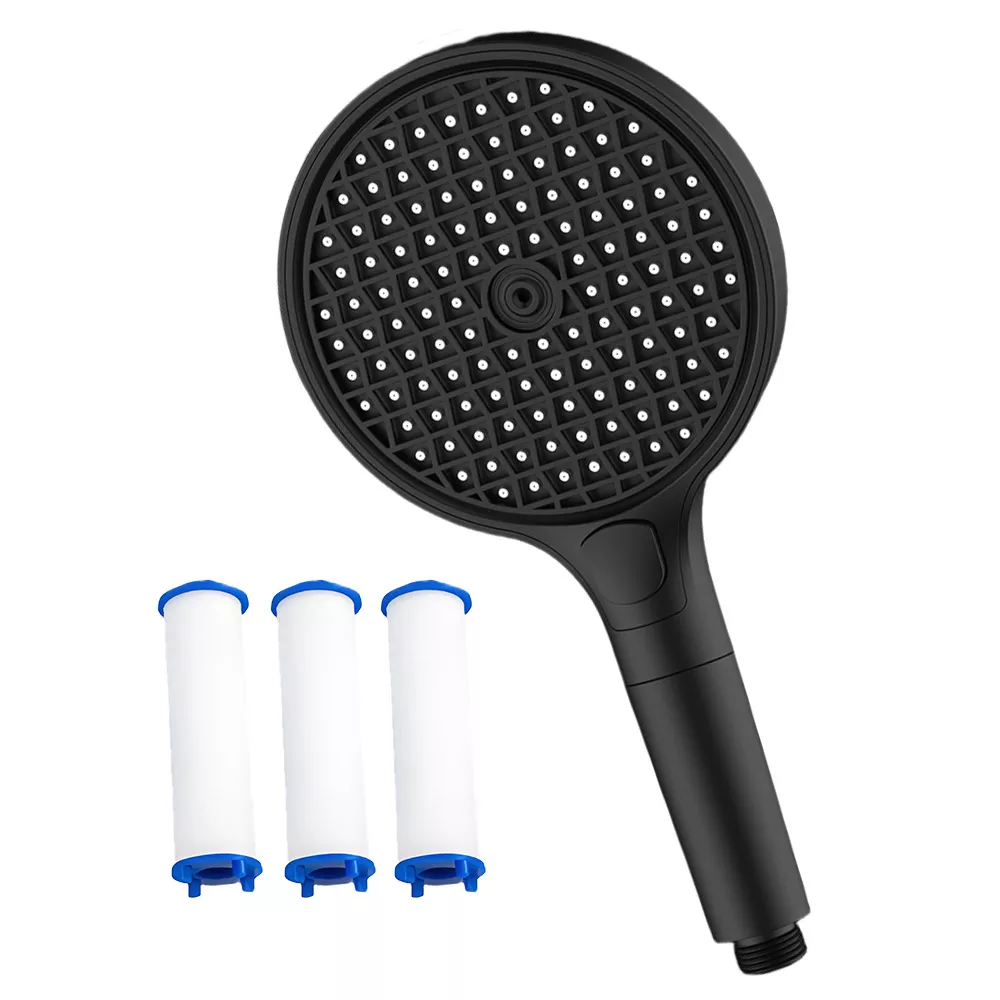 Black handheld shower head with 3 included water filter cartridges – front view.