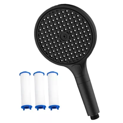 Black handheld shower head with 3 included water filter cartridges – front view.