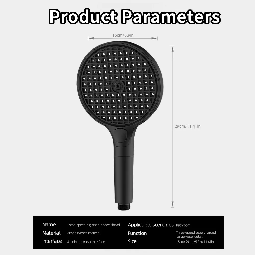 Shower head with dimensions: 15cm diameter panel and 29cm total length – product specifications.