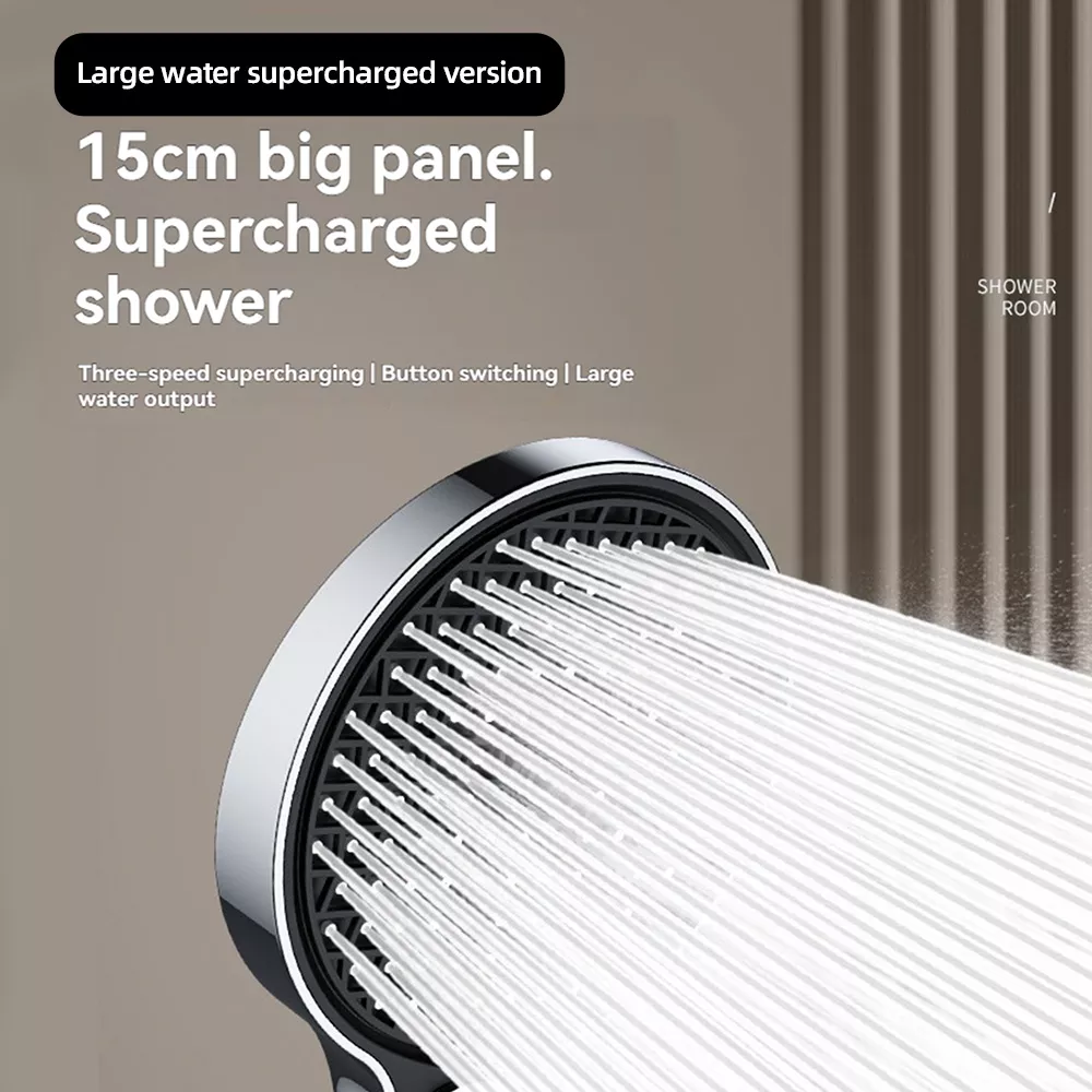 Shower in use showing strong supercharged water spray from large panel head.