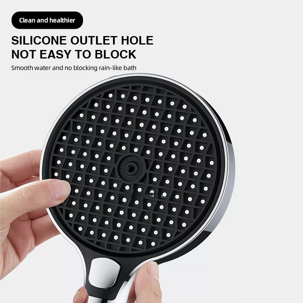 Close-up of anti-clog silicone nozzles on the shower head – easy to clean.