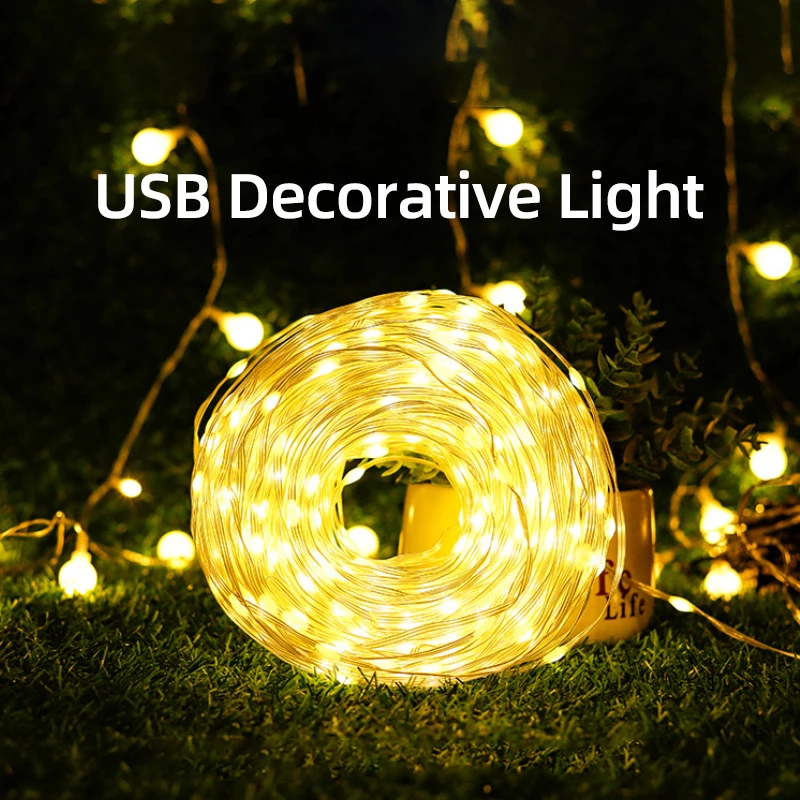 Warm white USB decorative LED string lights coiled on grass with glowing background lights