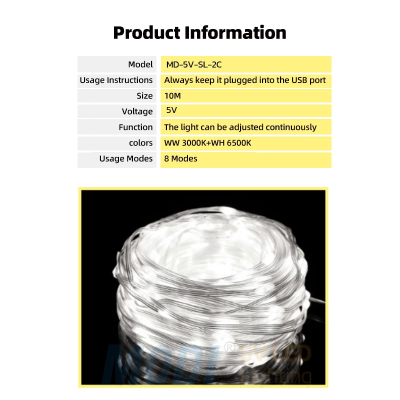 Product specifications for 10M USB LED light string with adjustable brightness and dual color temperatures