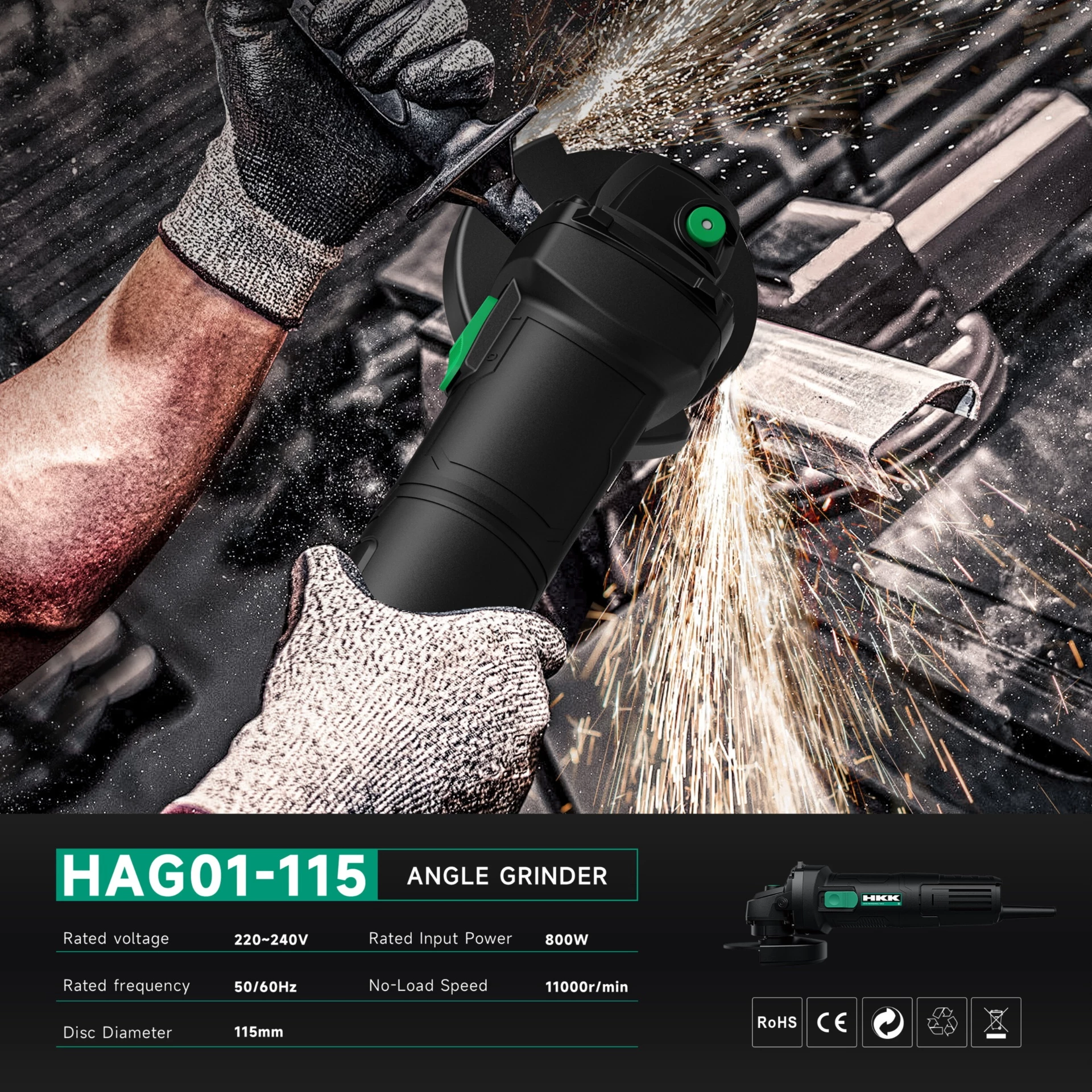 HKK HAG01-115 angle grinder specifications 800W 220-240V 50-60Hz 11000RPM 115mm disc diameter electric metal cutting machine