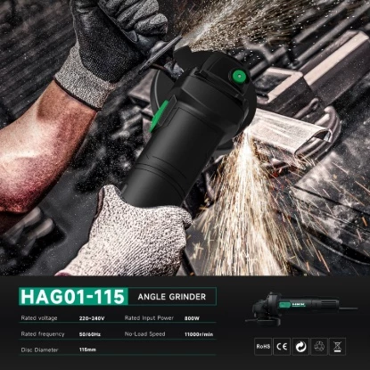 HKK HAG01-115 angle grinder specifications 800W 220-240V 50-60Hz 11000RPM 115mm disc diameter electric metal cutting machine
