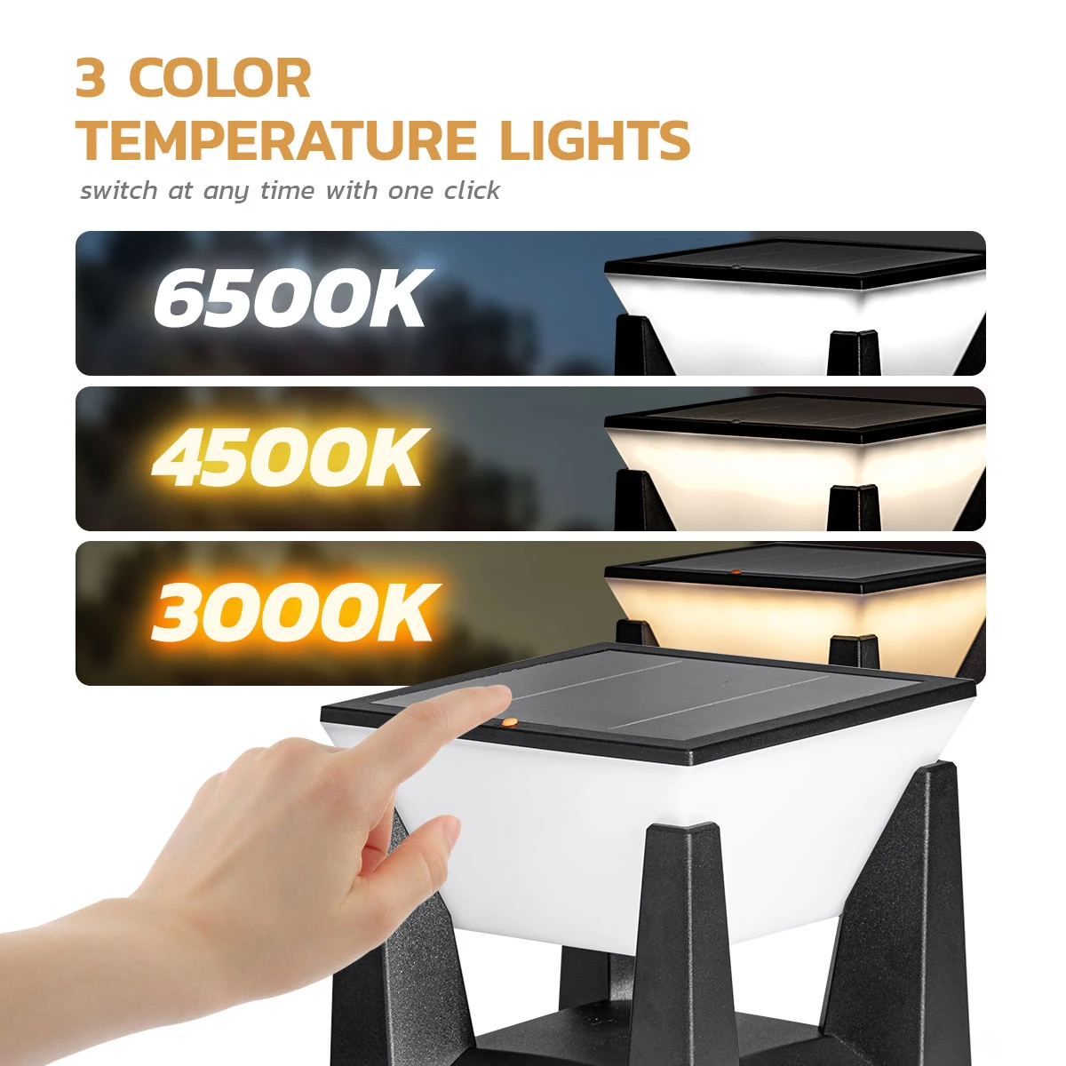 Solar LED pillar light 3000K 4500K 6500K adjustable color temperature garden gate lamp