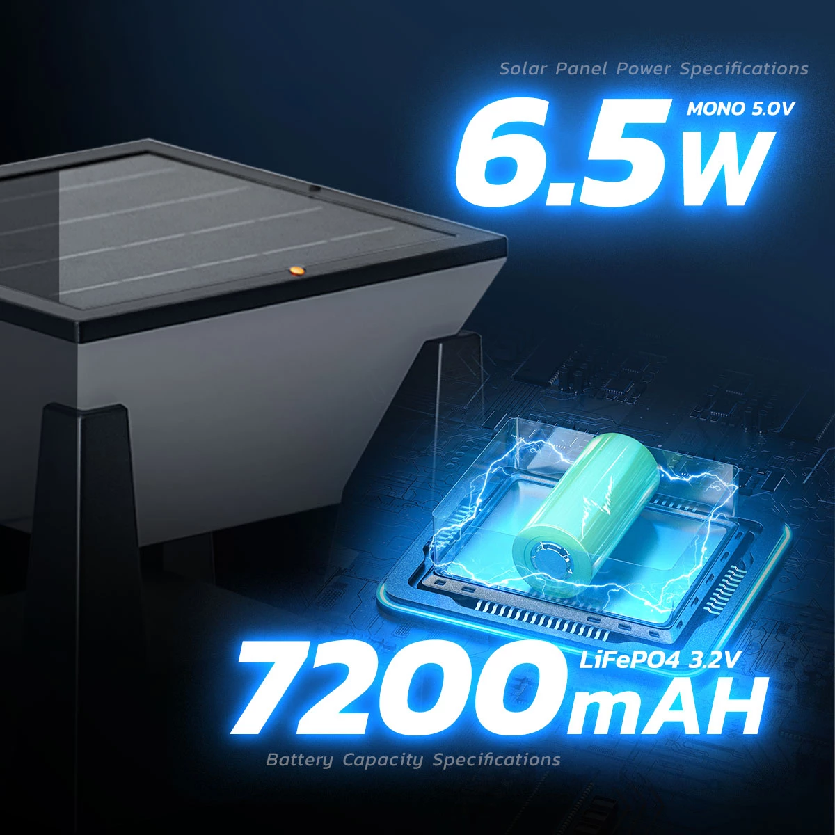 Solar pillar light 6.5W monocrystalline panel with 7200mAh LiFePO4 battery high capacity outdoor lamp