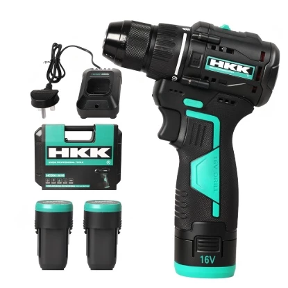 Alt text: HKK 16V cordless brushless drill driver with two batteries charger and carrying case