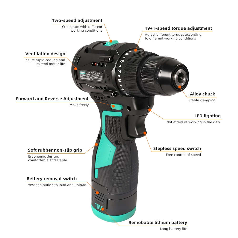 HKK cordless drill showing 19+1 torque adjustment alloy chuck LED light and rubber grip