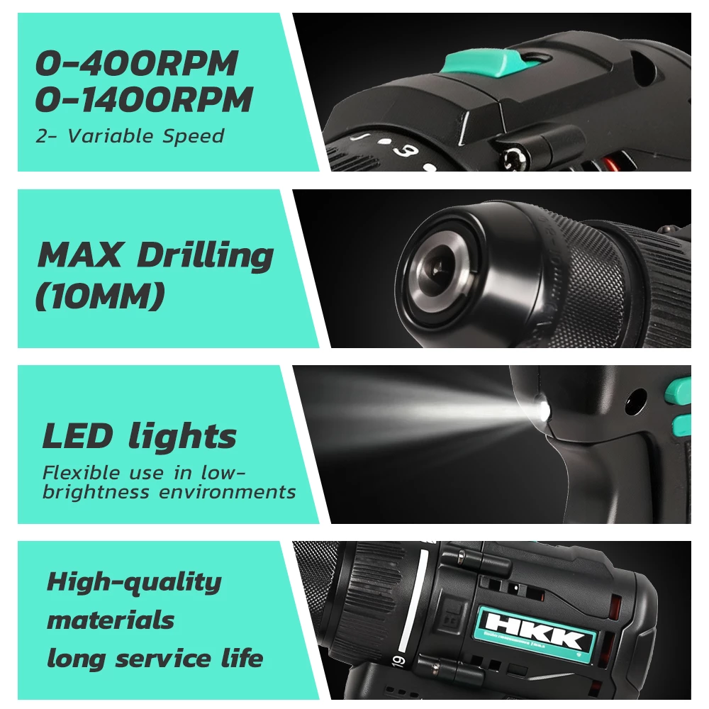 0-1400 RPM variable speed cordless drill with max 10mm drilling capacity and LED light