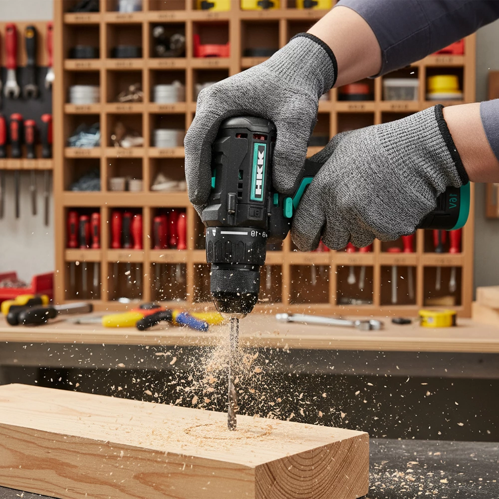 cordless drill drilling into wooden plank with sawdust flying workshop environment