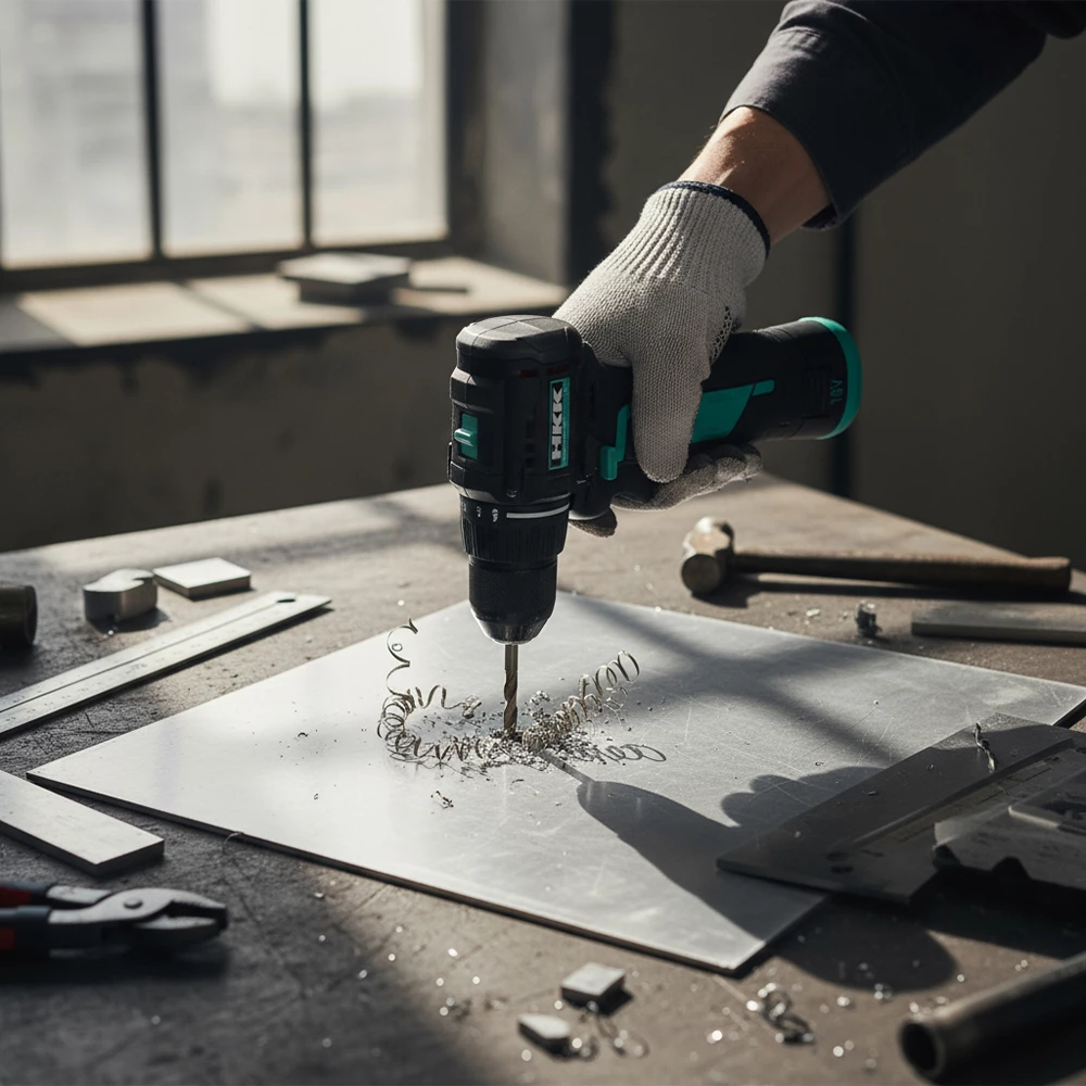 16V cordless drill drilling into metal sheet professional workshop scene