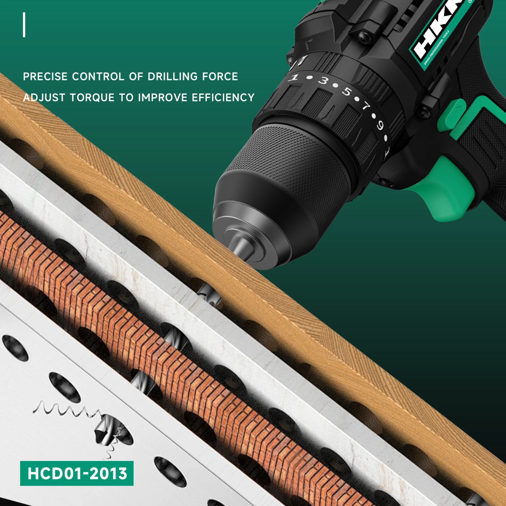 HKK cordless brushless drill HCD01-2013 showing precise torque control system drilling through layered wood and brick material cross-section