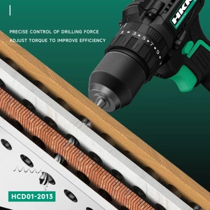HKK cordless brushless drill HCD01-2013 showing precise torque control system drilling through layered wood and brick material cross-section