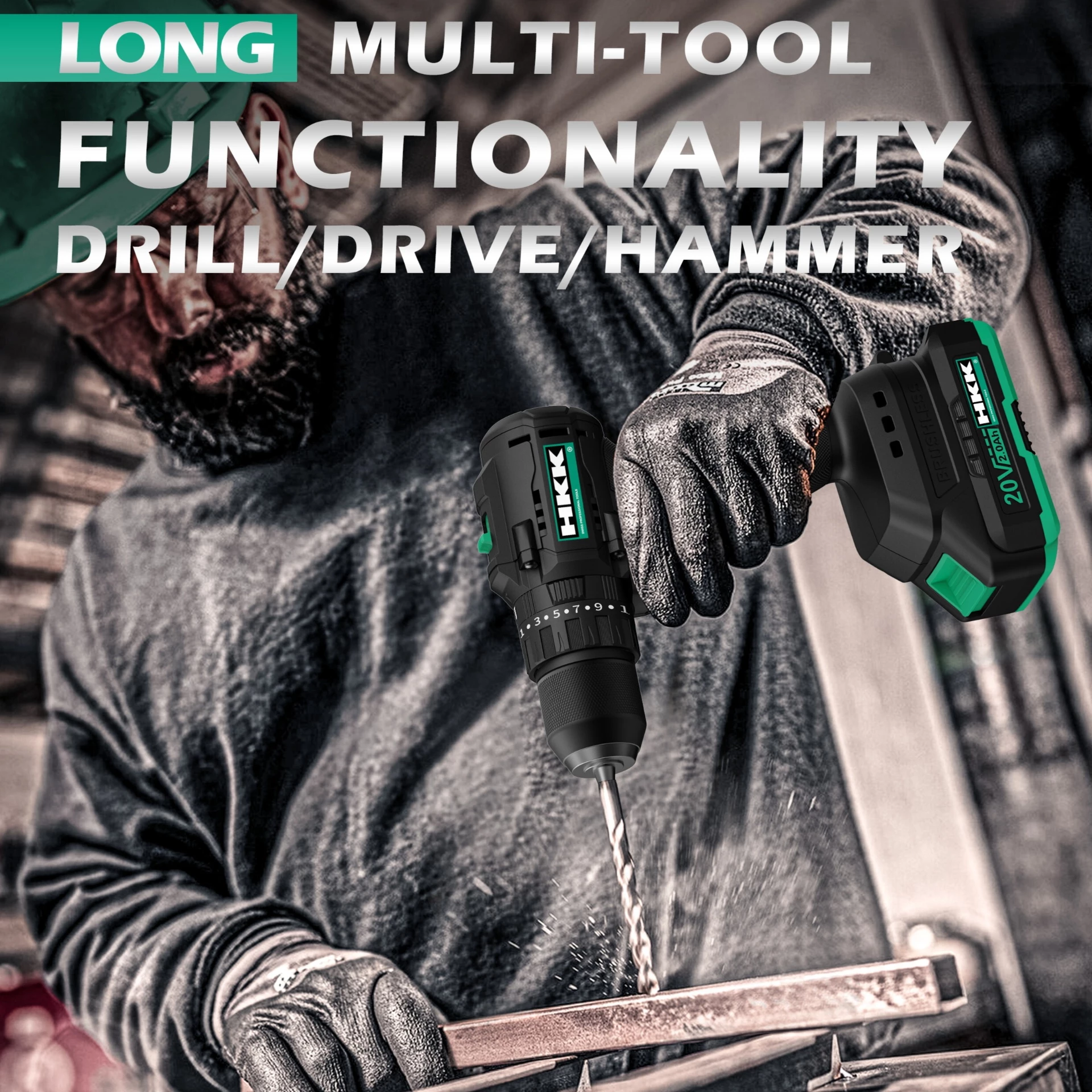HKK 20V cordless brushless drill driver in use drilling metal surface, heavy-duty professional power tool with multi-function drill, drive and hammer capability