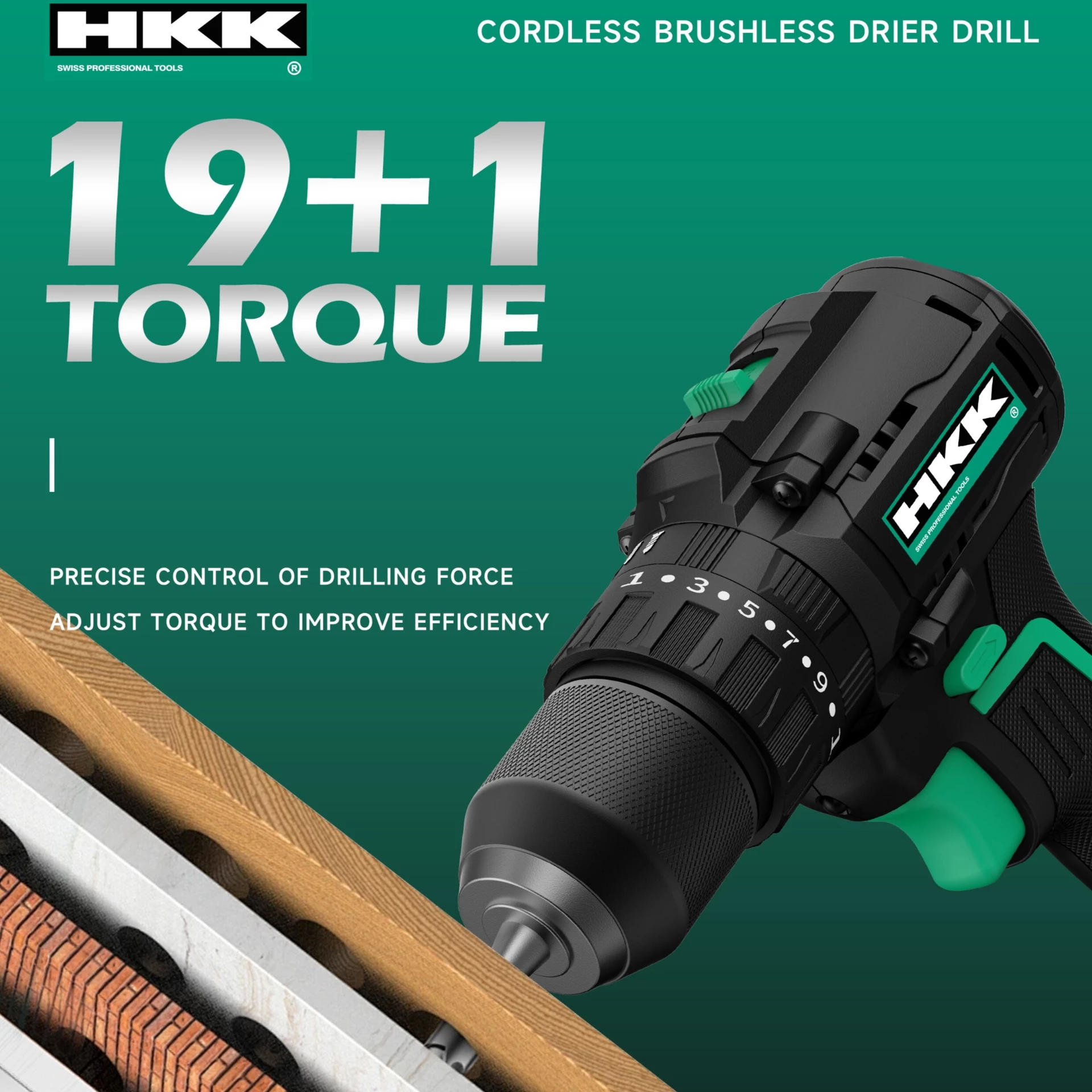 HKK cordless brushless drill with 19+1 torque adjustment ring for precise drilling force control and improved work efficiency