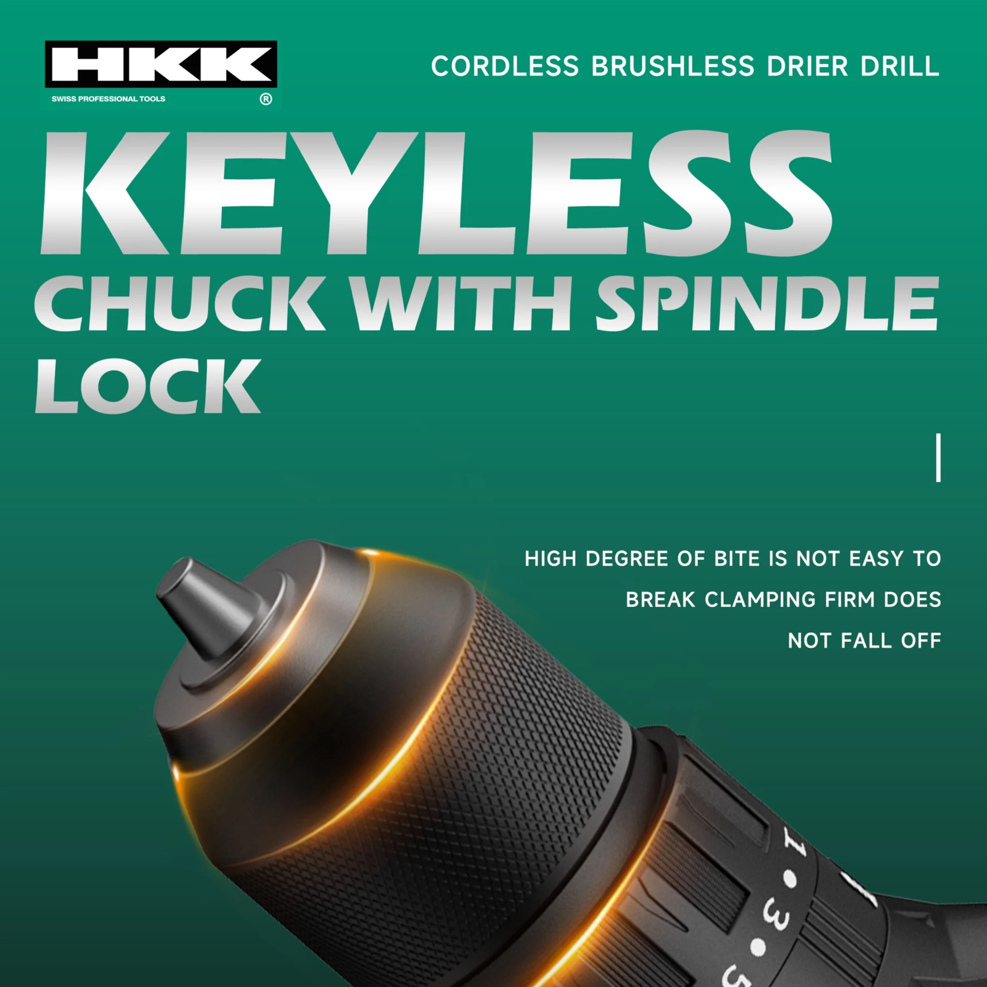 HKK keyless chuck with spindle lock system high grip strength prevents drill bit slipping during heavy-duty operation