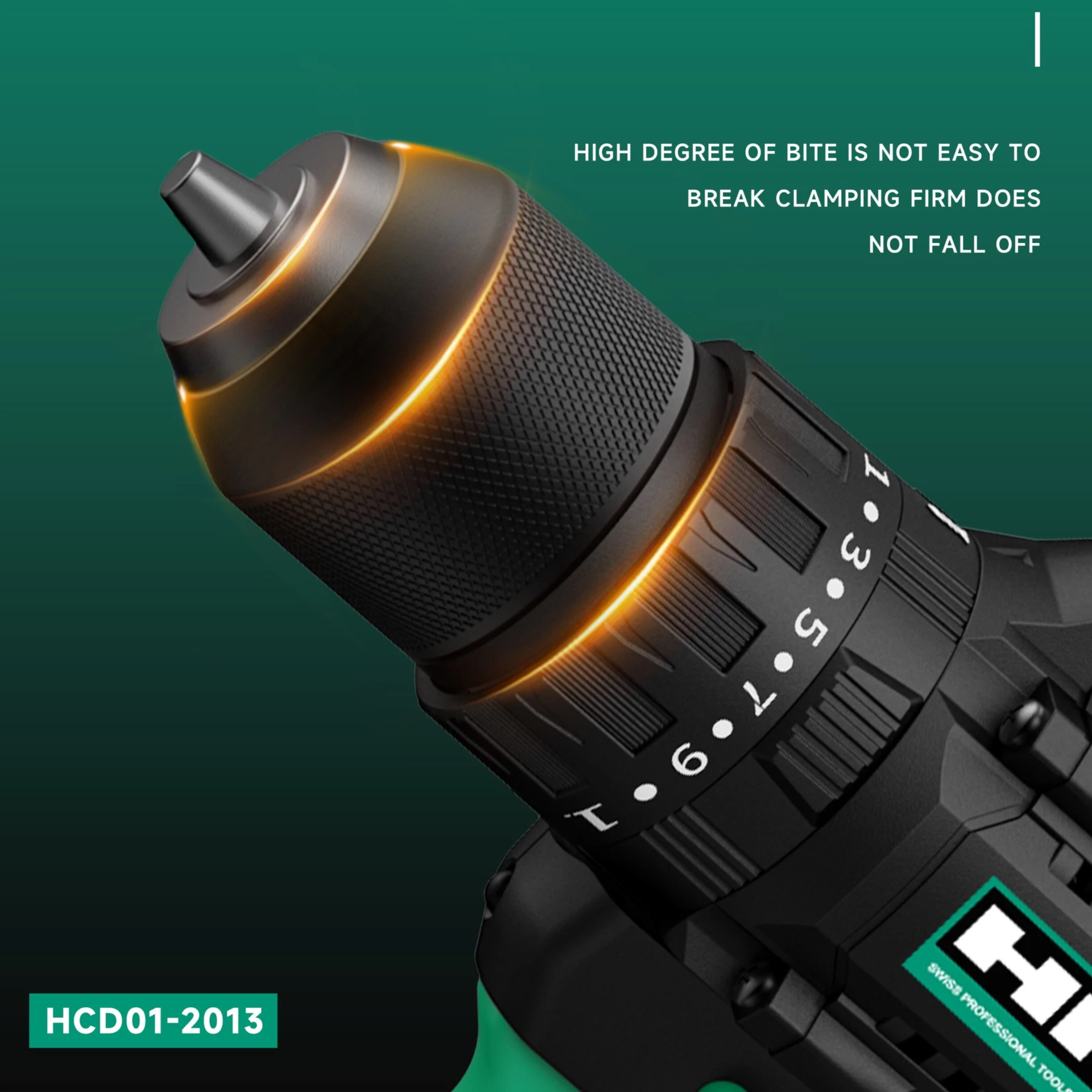 Close-up of HKK cordless drill keyless chuck with anti-slip grip texture and high clamping strength design