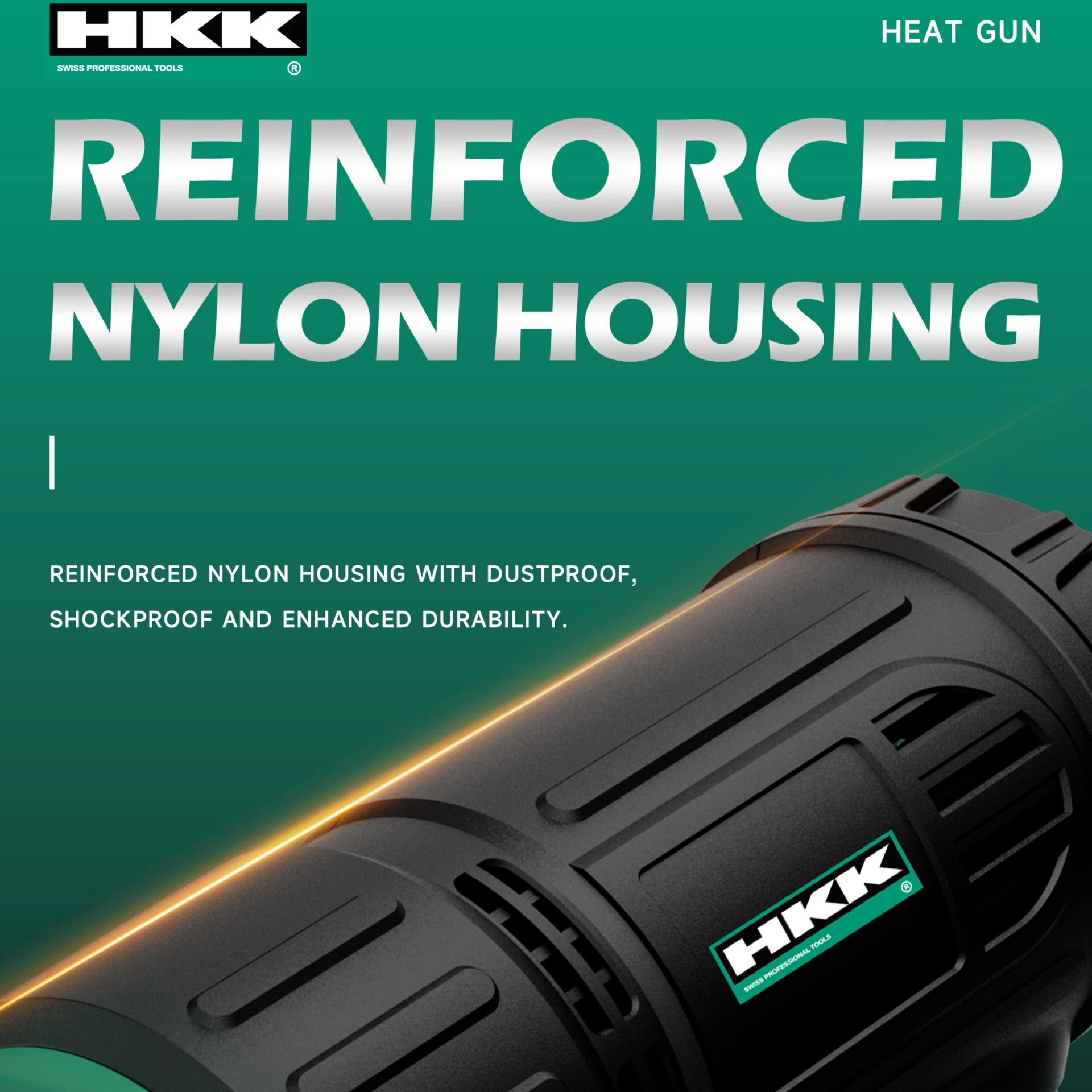 HKK HHG01-2000 heat gun showing reinforced nylon housing with durable shockproof and dustproof design for industrial use.