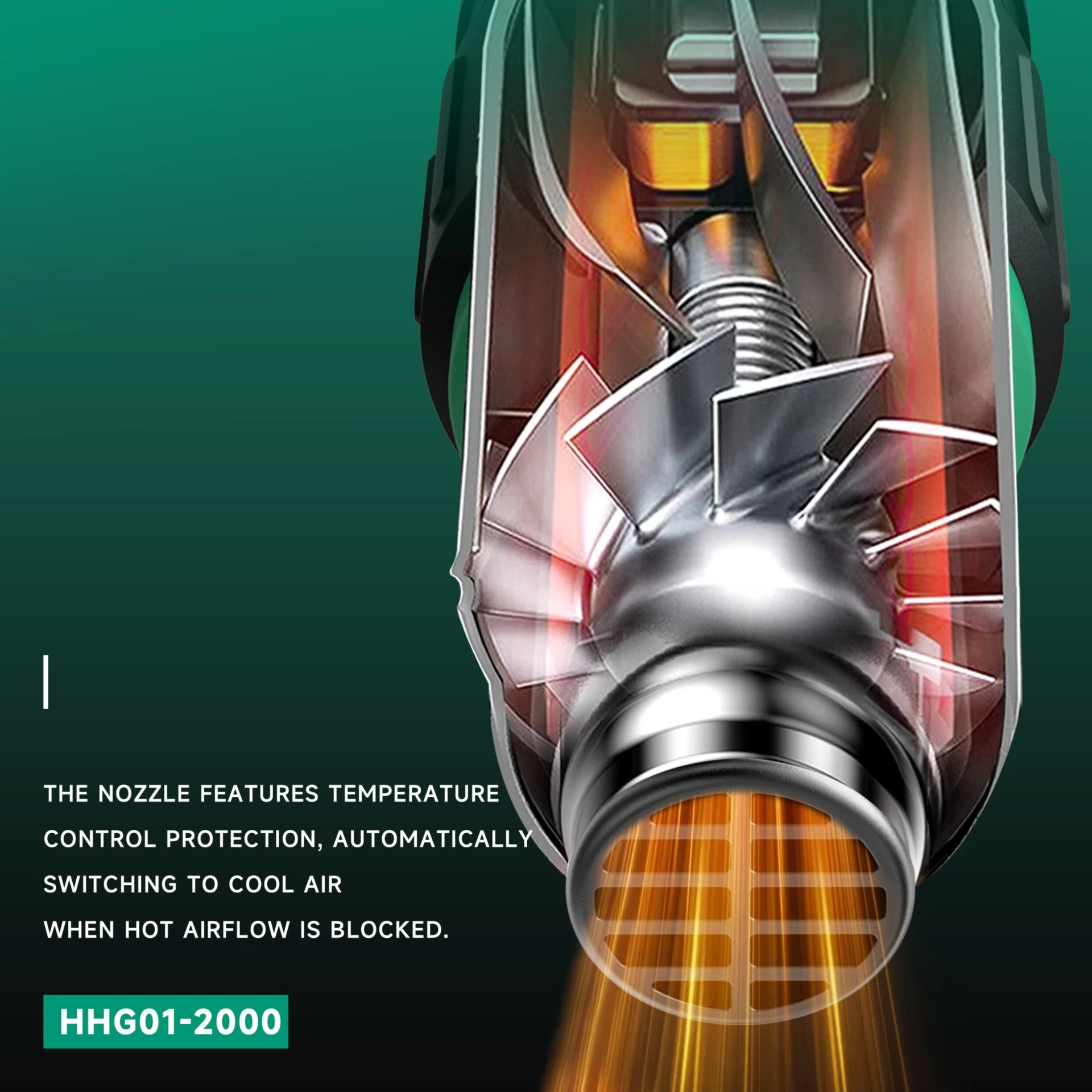 Cutaway view of HKK heat gun nozzle showing internal airflow system and automatic temperature control protection switching to cool air when overheated.