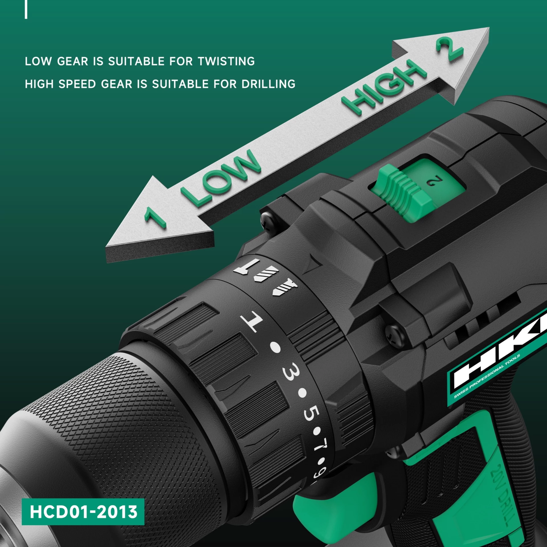 HKK heat gun with two-speed airflow control switch showing low and high air volume settings for twisting and drilling applications.