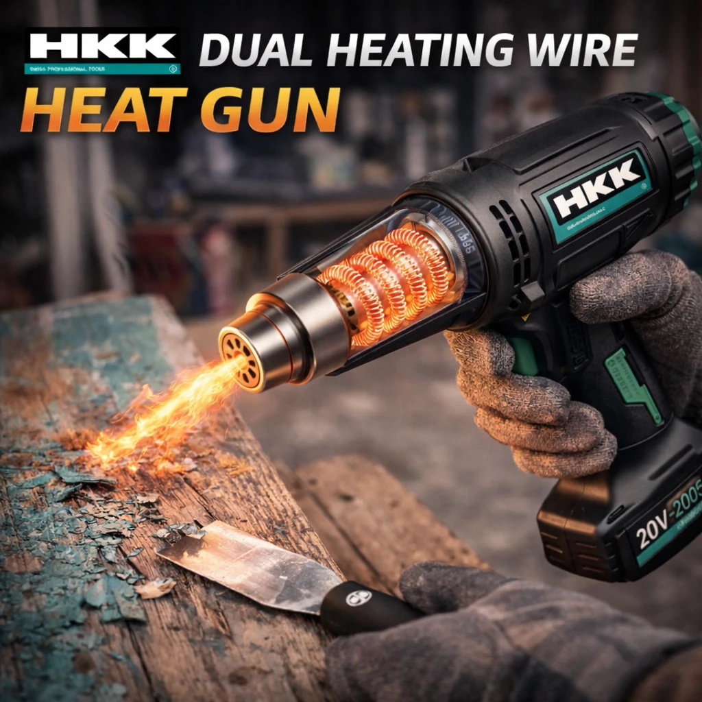HKK heat gun being used for paint removal on wooden surface with strong hot airflow and ergonomic anti-slip grip.