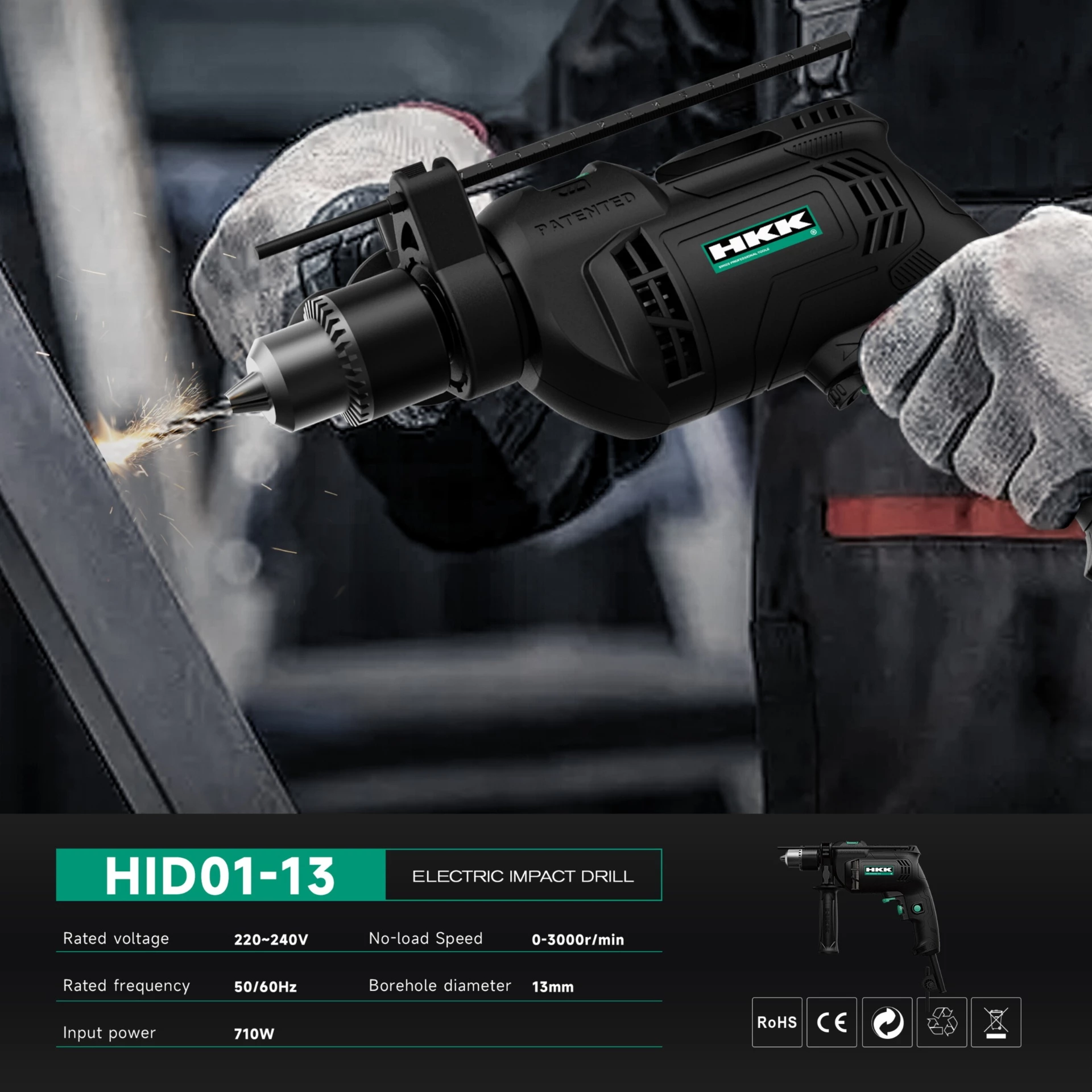 Alt Text: HKK HID01-13 electric impact drill drilling metal surface with sparks, 710W power drill 0-3000rpm, professional heavy duty drill machine.