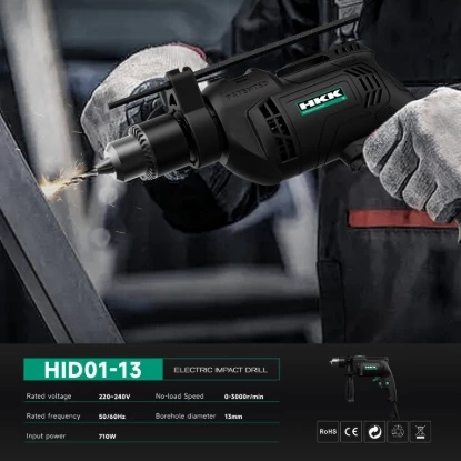 Alt Text: HKK HID01-13 electric impact drill drilling metal surface with sparks, 710W power drill 0-3000rpm, professional heavy duty drill machine.