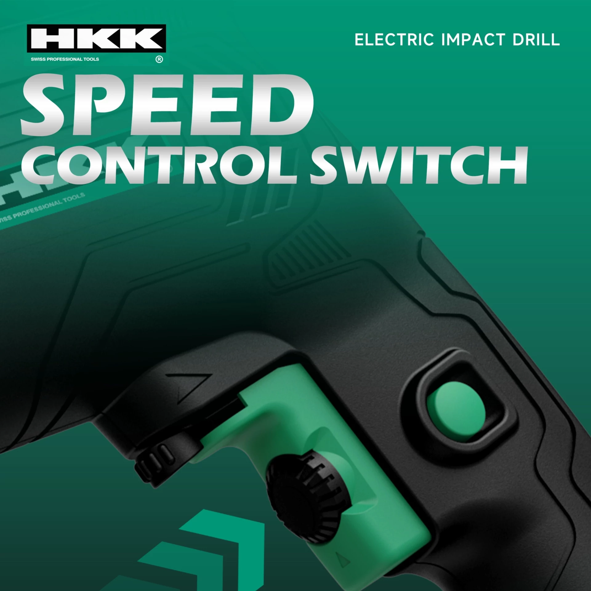 HKK electric impact drill speed control switch and variable trigger adjustment for precise drilling performance.