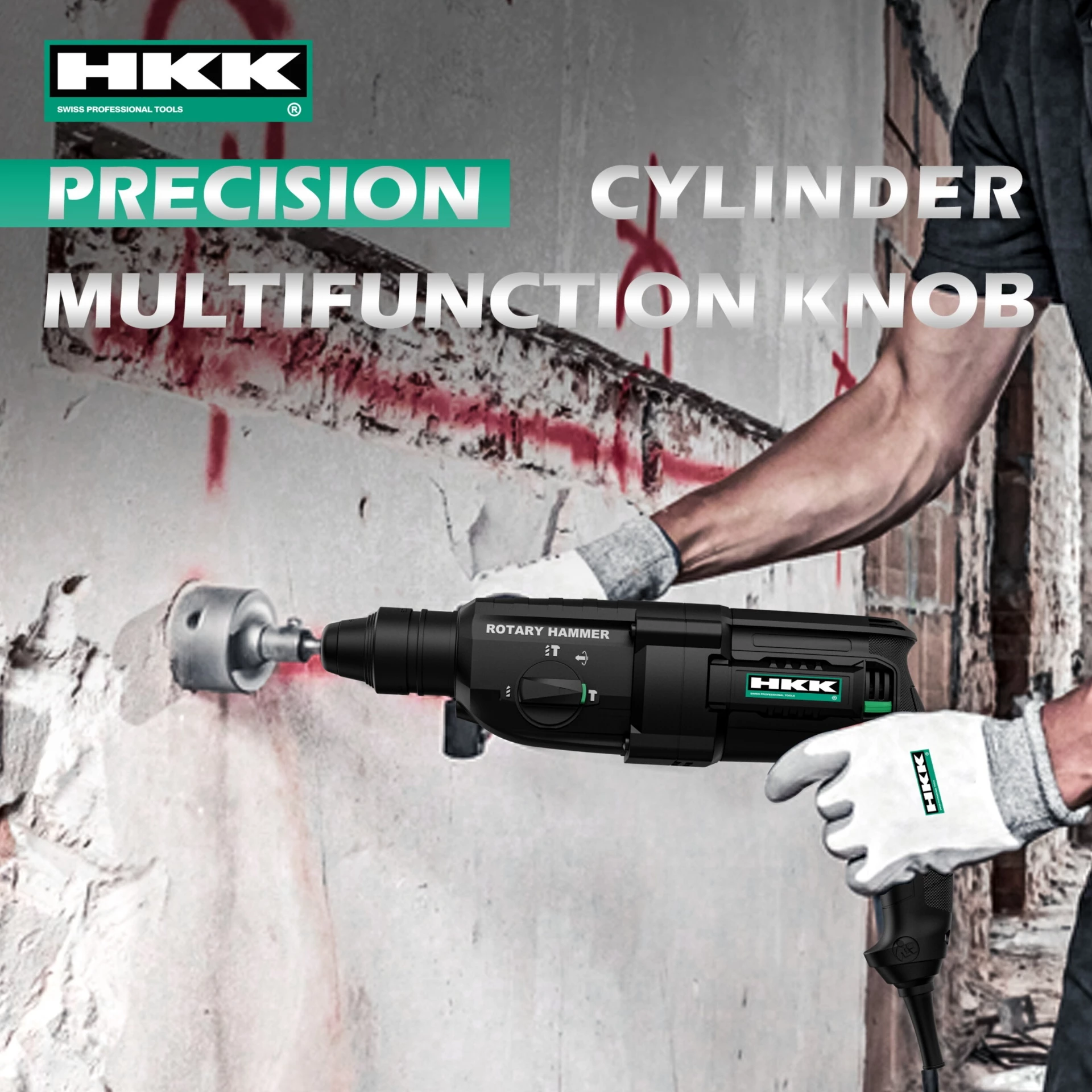 HKK rotary hammer precision cylinder multifunction knob for switching drilling and hammer modes.