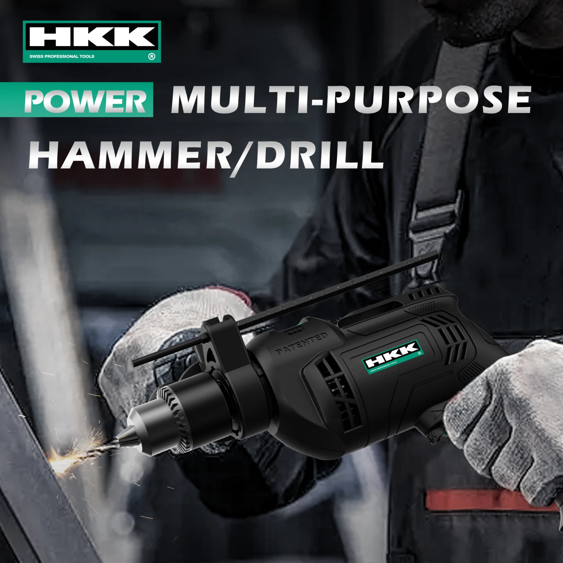 HKK multi-purpose hammer drill drilling metal beam, professional electric impact drill for construction and renovation work.