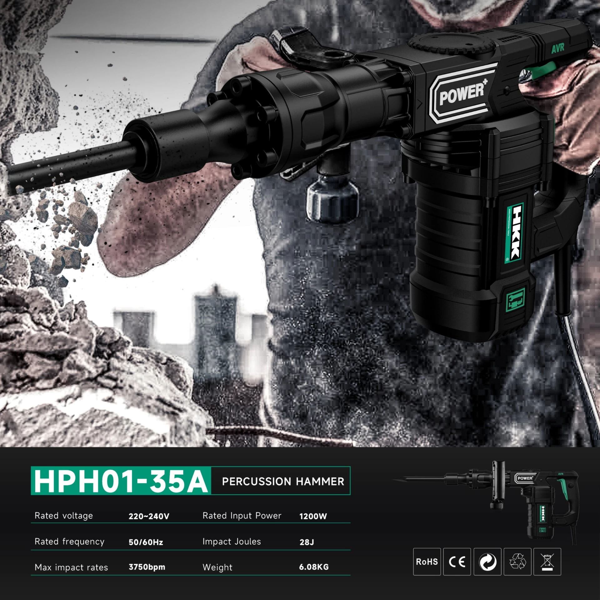 HKK HPH01-35A heavy duty percussion hammer breaking concrete wall on construction site