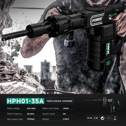 HKK HPH01-35A heavy duty percussion hammer breaking concrete wall on construction site