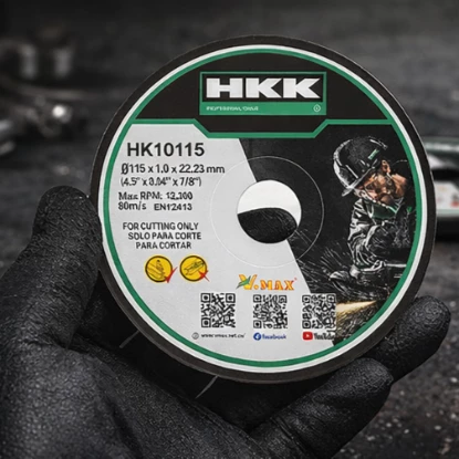 HKK HK10115 115mm metal cutting disc label showing specifications and EN12413 certification