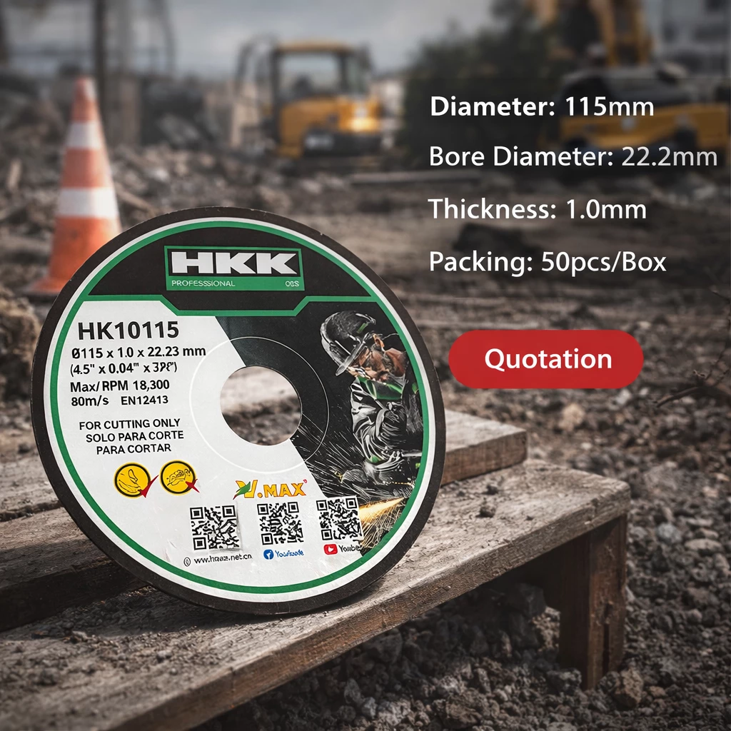 HKK metal cutting disc 115mm displayed at construction site with diameter and bore details