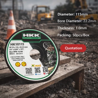 HKK metal cutting disc 115mm displayed at construction site with diameter and bore details