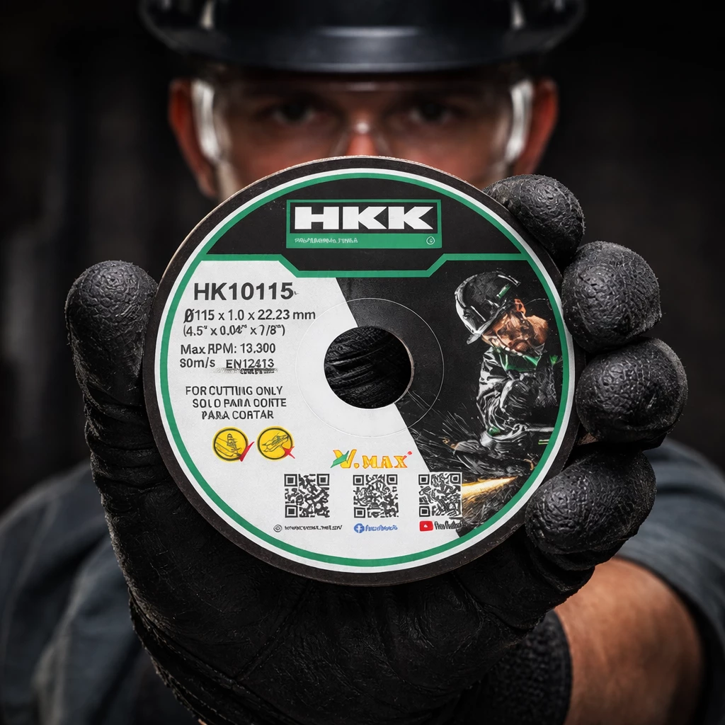 Professional holding HKK HK10115 metal cutting disc 115mm with safety gloves