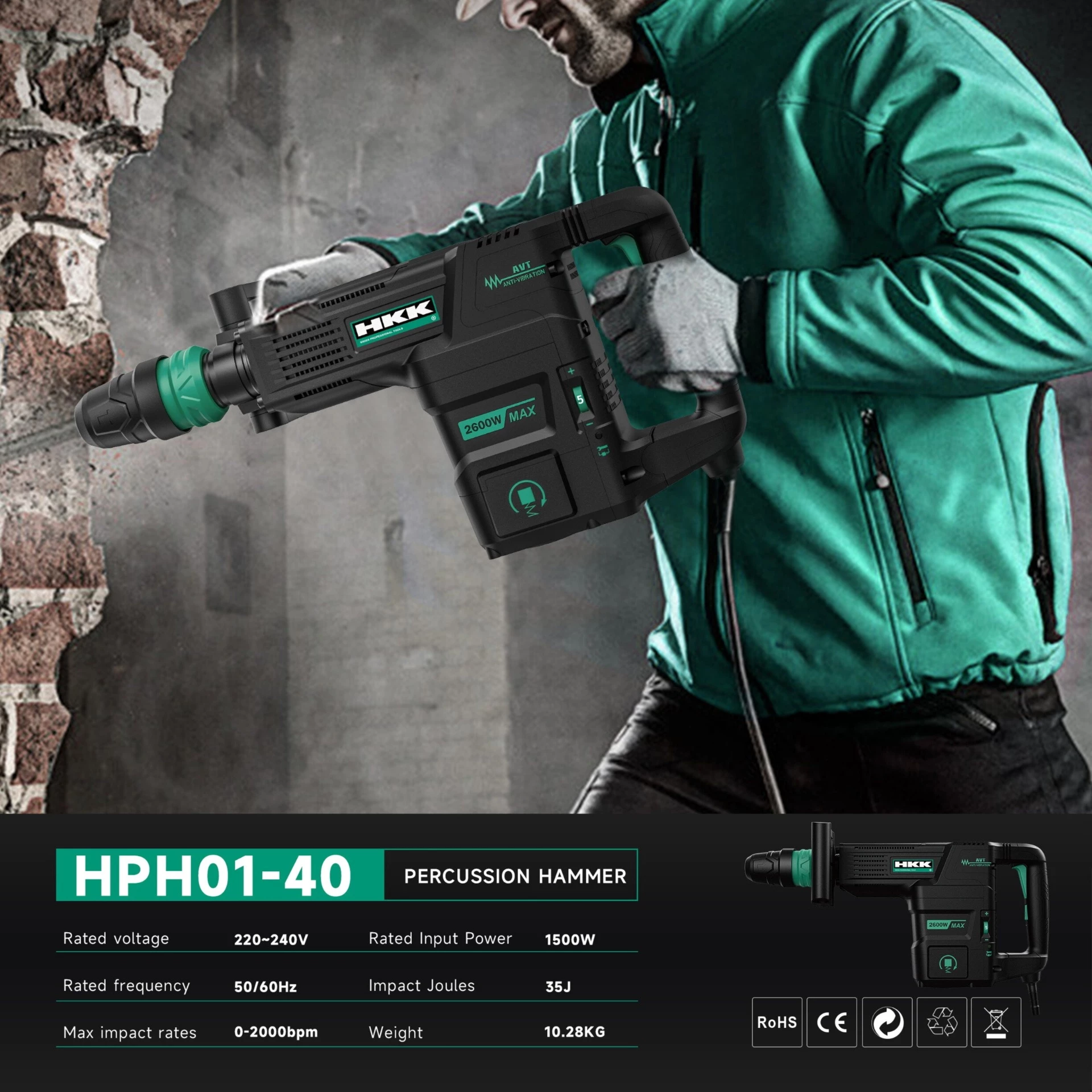 Professional concrete demolition tool 2000 BPM impact frequency